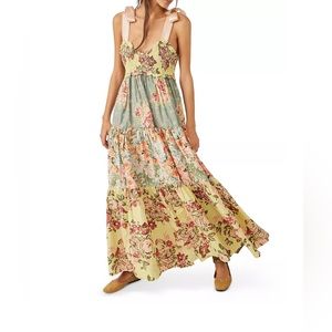 Free People Bluebell Cotton Mixed Prints Maxi Dress in Warm Combo